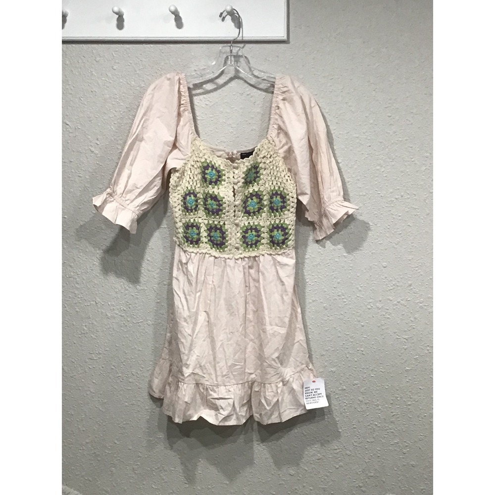 NWT ASOS Crochet Granny Square Babydoll‎ Mini Dress Puff Sleeve Cottagecore Sz 4